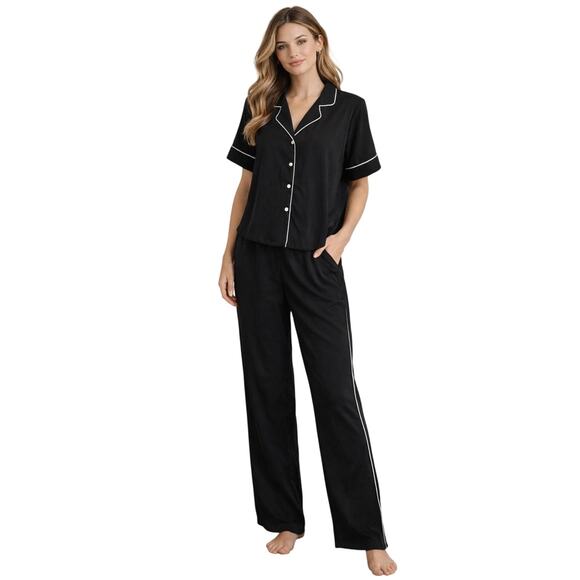 Jason Wu Other - Jason Wu Black Pajama Set Women’s L Short Sleeve Button Top Pants White Piping